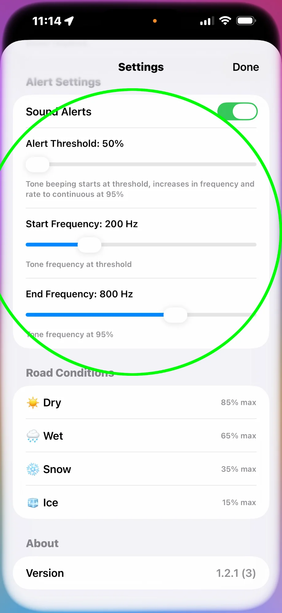 Audio settings screen showing alert threshold, frequency controls, and road conditions
