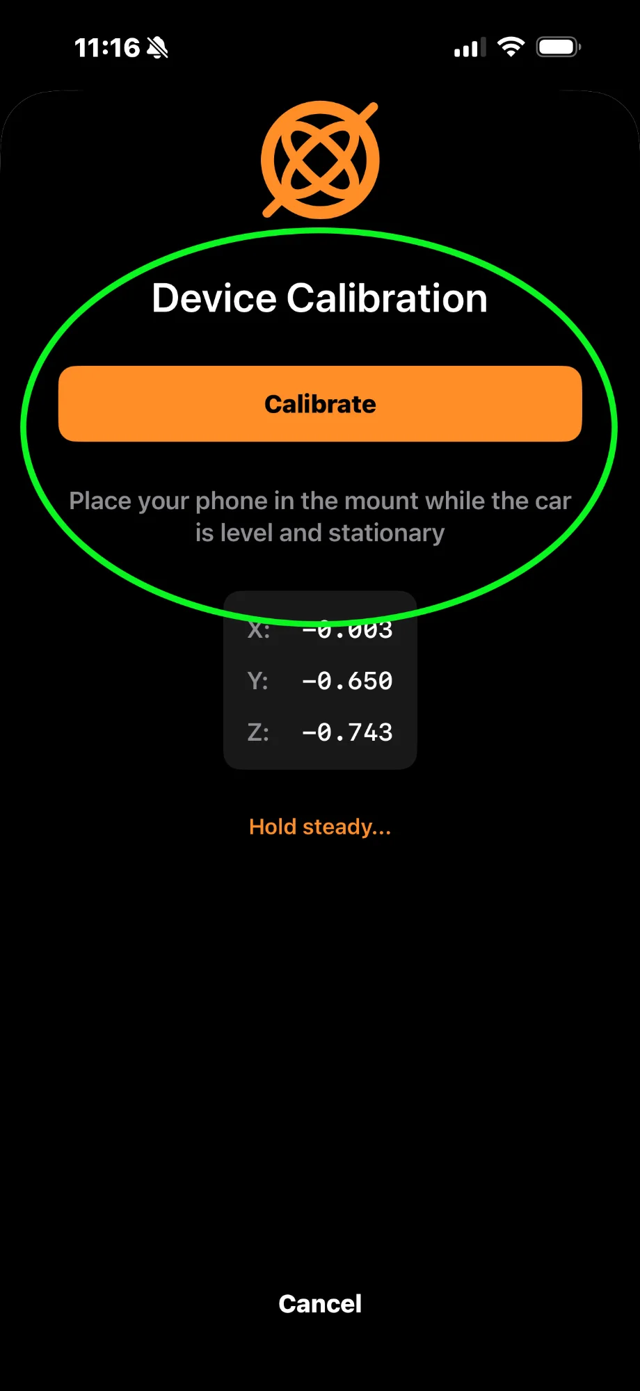 Calibration screen with orange button and gravity vector readings