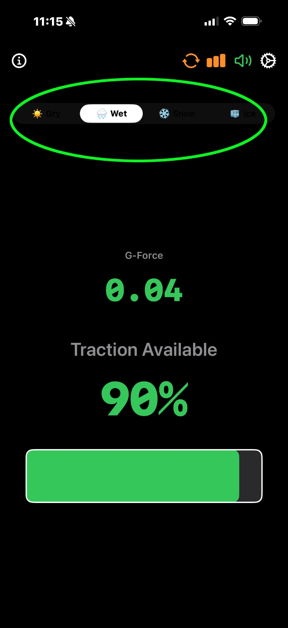 Road condition selector showing Dry, Wet, Snow, and Ice options with bar chart at 90%