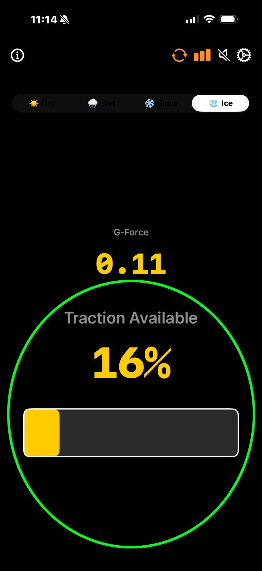 Bar chart display mode showing 16% traction available in Ice mode with yellow bar