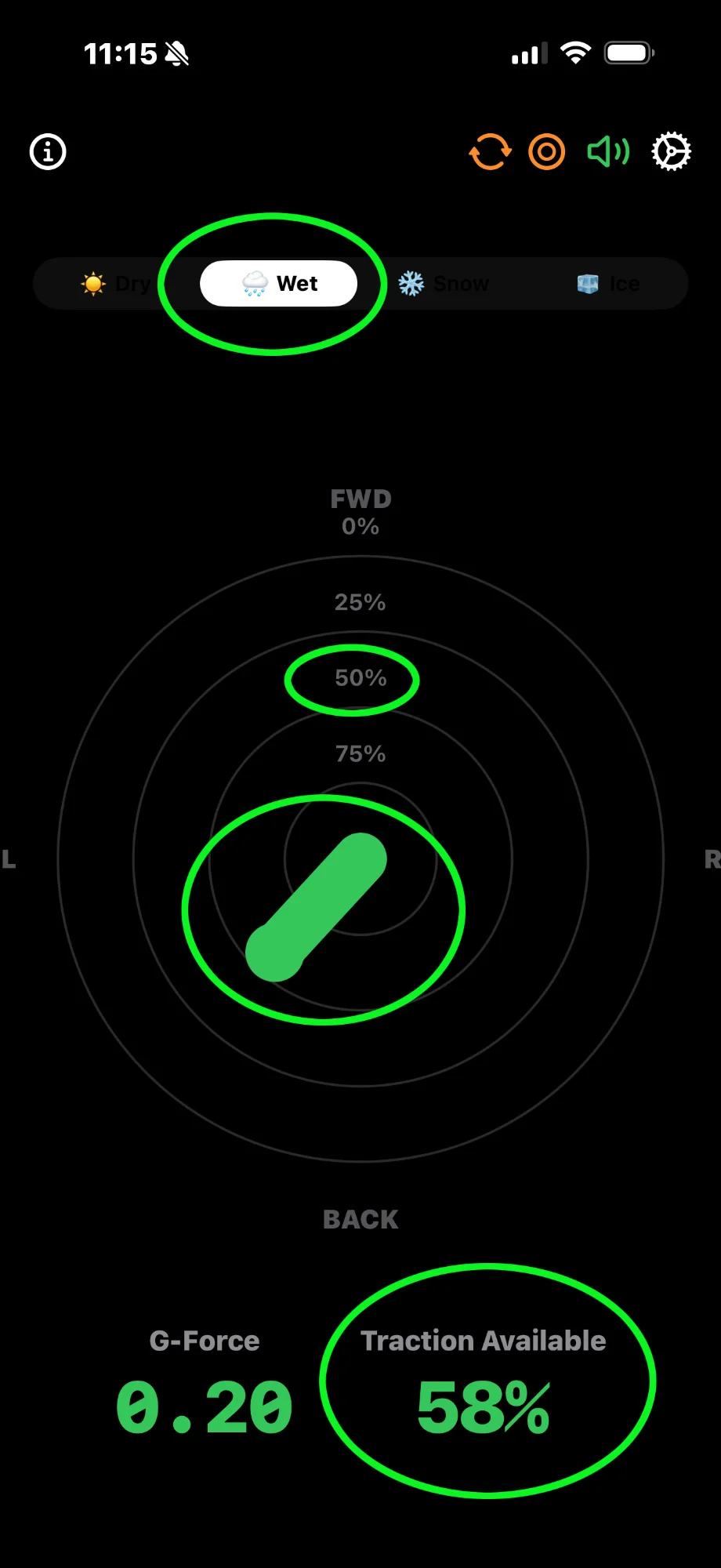 Main display showing vector mode with green arrow, 58% traction available, wet conditions, concentric rings